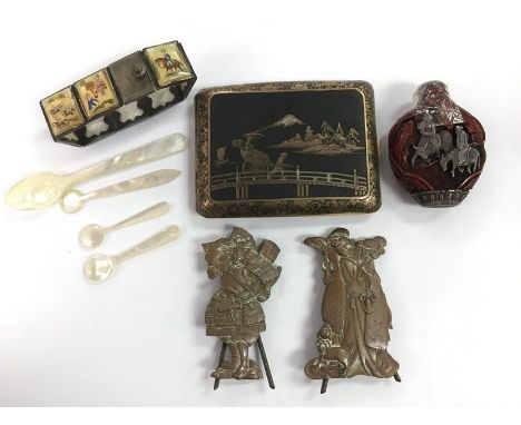 A Japanese Komai cigarette box, pair of bronzed Geisha lady decorative stands, Chinese type mother of pearl costume bracelet 