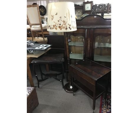 An oak tea trolley, occasional table and a standard lamp (3).
