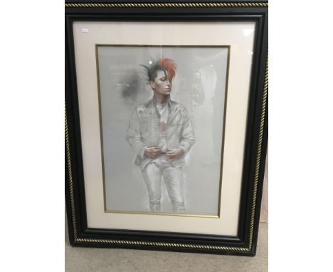 A framed Colin Frooms conte pencil drawing of a male new wave punk, approx 94cm x 117cm including frame. (with letter of prov