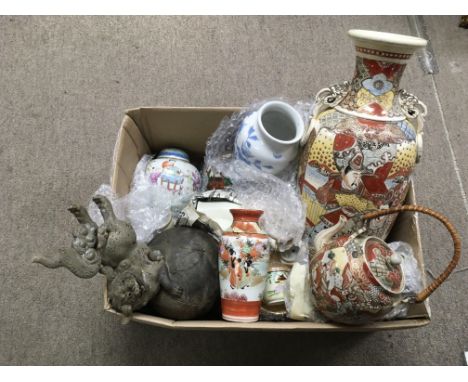 A satsuma vase and teapot, a pottery model of a Fu dog and other oriental ceramics