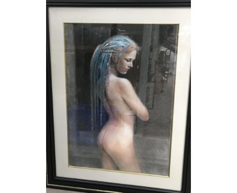 A large framed Colin Frooms conte pencil drawing of a nude female with blue dreadlocked hair, approx 113cm x 143cm including 