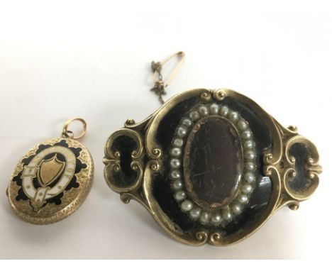 A Victorian pinchbeck mourning brooch set with pearl border and a mourning locket