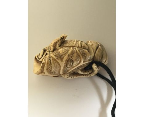 A Japanese Ivory Netsuke of the Meiji period carved in the form of leaf surmounted with two frogs signed 5cm