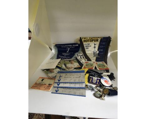 A collection of Tottenham Hotspur football memorabilia including UEFA 1983 penents badges including an orgional FA double win