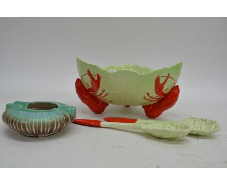 Carltonware salad bowl (Approx diameter 24cm) adorned with lobsters along with 2 servers & a Shelley ashtray.