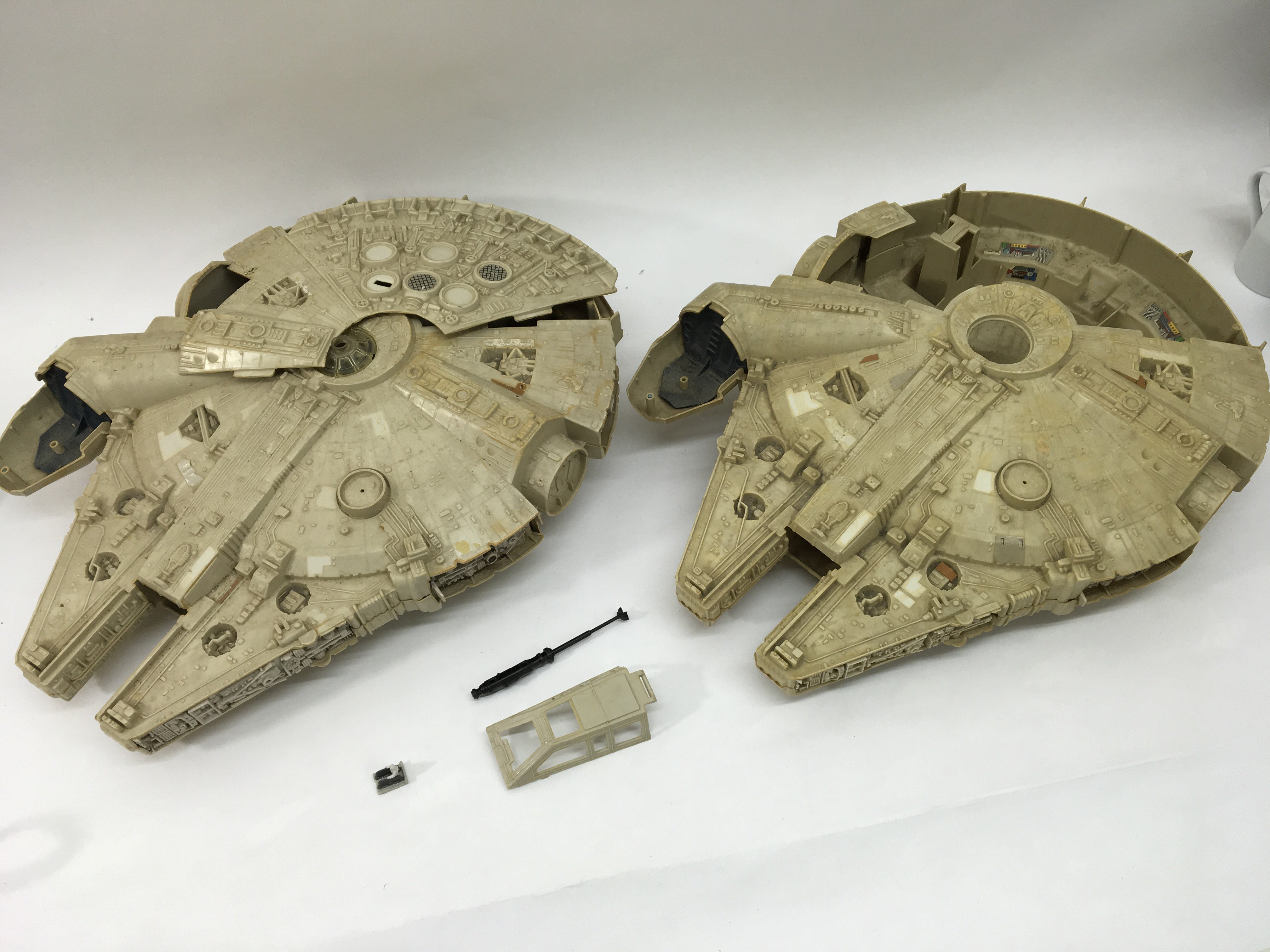 Two boxes of loose vintage Star Wars vehicles including AtAt, Millenium Falcon etc