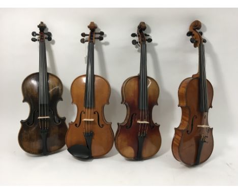 A collection of 4 Antique violins. A good quality Hawks & Son Tyrolese violin, A French violin copy of Klotz An interesting v