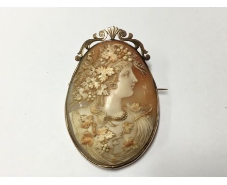 A large carved Cameo brooch set in a yellow metal mount carved to dipict a portrait of a lady. 7x5cm approx including mount.