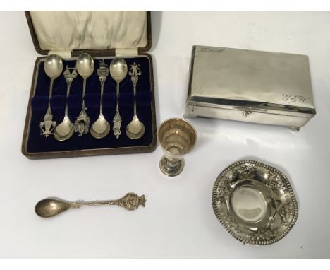 A silver trinket box, silver goblet and a cased set of spoons, together with a small trinket dish and spoon.