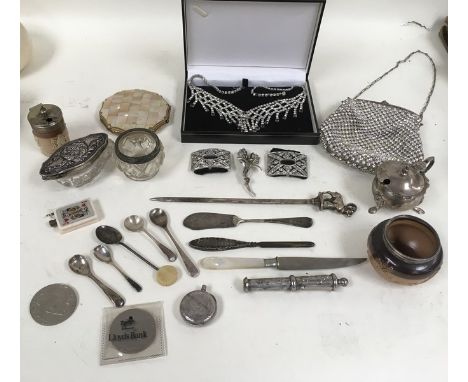 A collection of silver odds, costume jewellery, compact and vintage diamantŽ bag marked 'Lix Depose', a/f