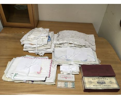 A collection of clean vintage linen and textiles including nightdresses plus boxed sewing threads