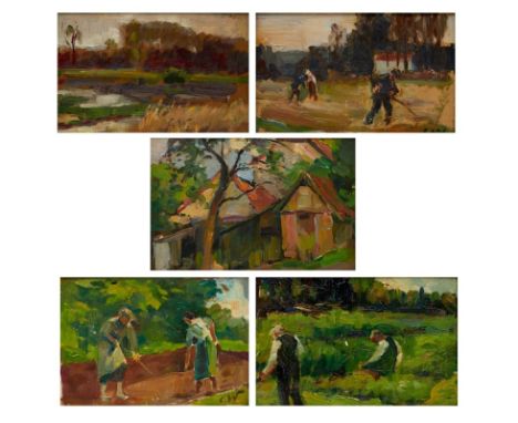 Carl Wiederhold1863 Hannover - 1961 Bückeburg - Landarbeit - Öl/Lwd. auf Karton. 15 x 22,7 cm. Rahmen. Leichter Farbverlust. 