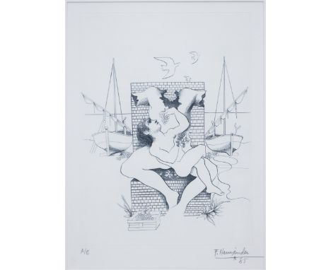 Francisco Hernandez1932 Madrid - 2012 Madrid - "Am Strand" - Radierung/Papier. A. E. 43,5 x  28,1 cm. 43,4 x 32, cm (Passepar
