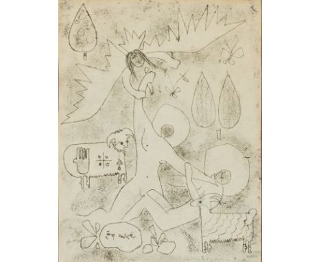 Sadegh Tabrizi1939 Iran - 2017 London - Kain und Abel - Pauszeichnung/Papier. 24,2 x 18,7 cm. Sign. und mit persönlicher Widm