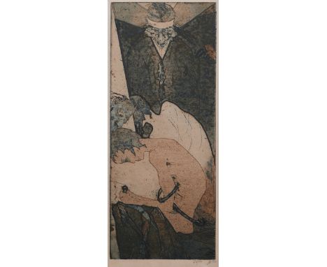 Horst Janssen1929 Hamburg - 1995 Hamburg - "Die Novizin" - Farbradierung/Papier. 72/100. 49,8 x 20,4 cm, 60,4 x 29,4 cm.   Mo