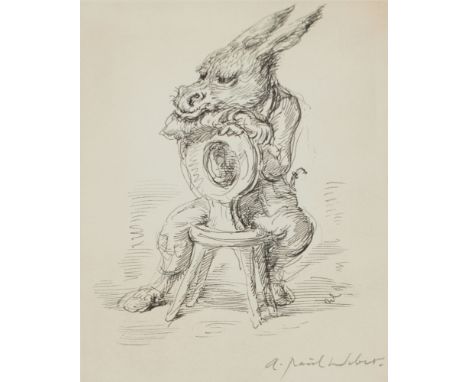 A. Paul Weber1893 Arnstadt - 1980 Schretstaken - Der Esel auf dem Stuhl - Tusche/Papier. 20,3 x 16,5 cm (Passepartoutausschni