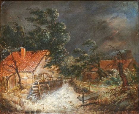 Johann Jacob Witte1816 - 1894 - Mühle bei Sturm - Öl/Papier auf Karton. 27 x 33 cm. Teils undeutl. sign. r. u.: J J Witte. Rü