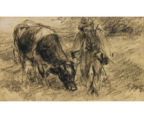 Georg Wolf1882 Niederhausbergen/Elsaß - 1962 Uelzen - "Bauer mit einer Kuh auf der Weide" - Kohle/Papier. Weiß gehöht. 13,5 x