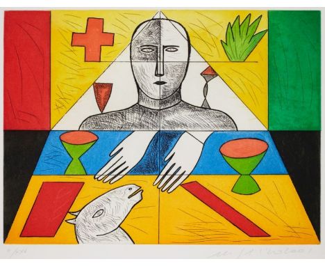Mimmo Paladino1948 Paduli - lebt und arbeitet in Mailand - "Matematico 1" - Farbige Aquatintaradierung/Bütten. II/XXV. 30 x 4