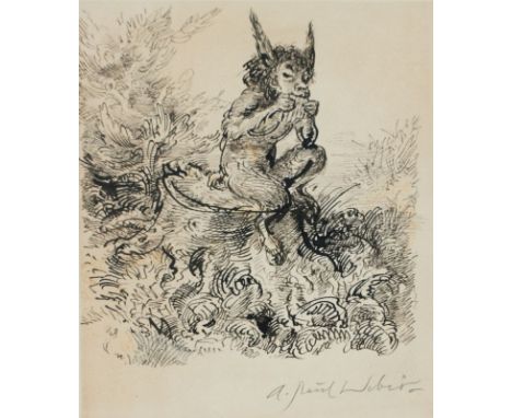 A. Paul Weber1893 Arnstadt - 1980 Schretstaken - Pan (Flötespielender Satyr) - Tusche/Papier. 20  x 17 cm (Passepartoutaussch