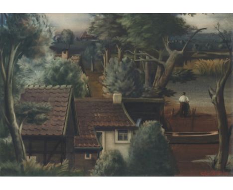 Karl Rüter1902 Hannover - 1986 Bremen - Niedersächsische Häuserdächer vor Landschaft Gouache/Karton. 49,5 x 71,5 cm. Sign. un