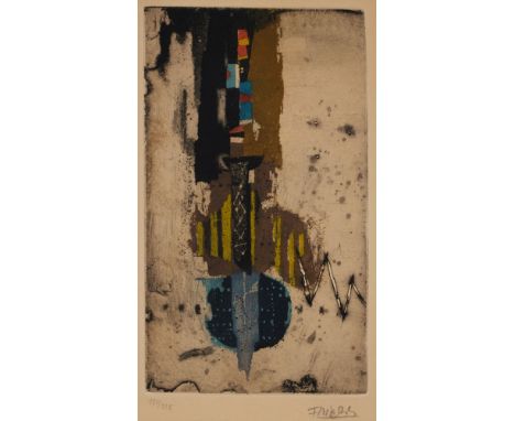 Johnny Friedlaender1912 Pleß - 1992 Paris - Komposition - Farbige Aquatintaradierung/Papier. 130/135. 22,8 x 13,2 cm, 26 x 16