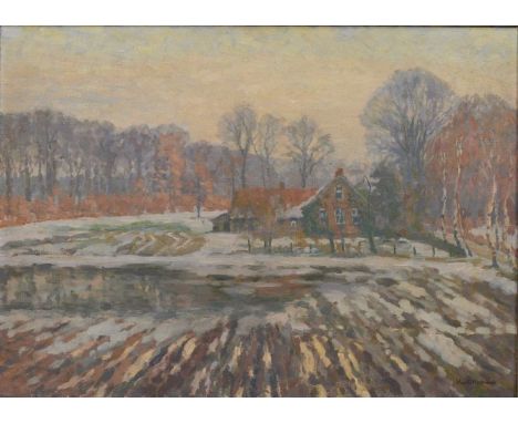 Hugo Friedrich Hartmann1870 Rosenberg/Westpreußen - 1960 Bardowick - Winterlandschaft mit Hof - Öl/Lwd. 47 x 65,5 cm. Sign. r