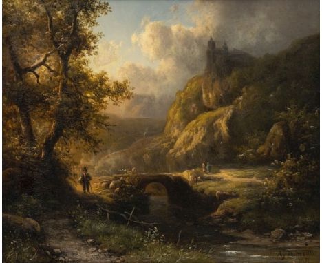 Alexander Josef Daiwaille1818 Amsterdam - 1888 Brüssel - Landschaf im Tal der Hoyoux mit Ansicht des Schlosses Modave in den 