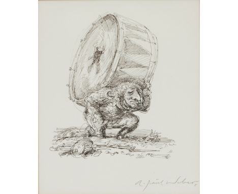 A. Paul Weber1893 Arnstadt - 1980 Schretstaken - Gaukler mit zerstörter Pauke - Tusche/Papier. 20,7  x 17 cm (Passepartoutaus