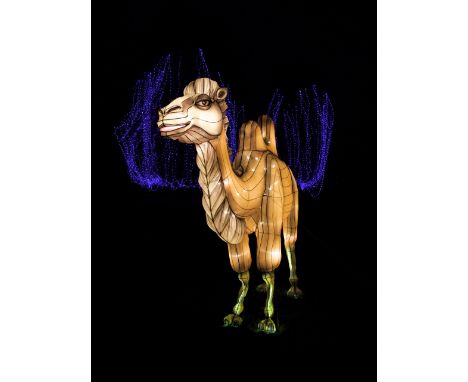 A hand crafted Chinese silk lantern in the form of a Camel.
The lantern stands 250 cm tall with a length of 360 cm.
Construct