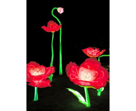 A set of four hand crafted silk lanterns in the form of flowers.
The two larger stems are 450 cm to 500 cm tall, while the sm