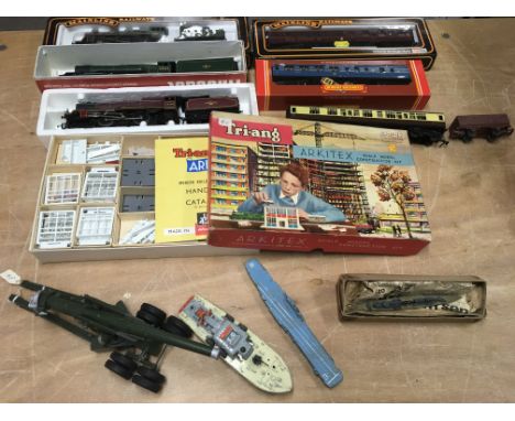 Included are 3 OO gauge locomotives, a Triang arkitex kit and some Diecast toys, including  a dinky boat.