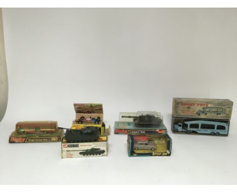 Included are 6 boxed vehicles including a boxed dinky pullmore car transporter.