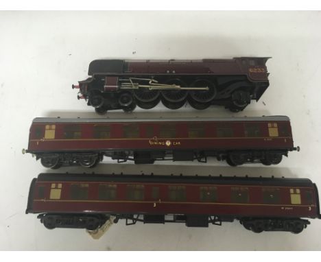 Included is an o Gauge Duchess of Sutherland locomotive with 2 carriages.