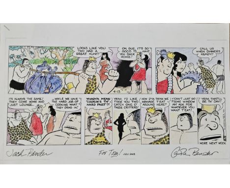 Jack and Carole Bender autographed comic art. 43cm x 26cm original hand drawn eight panel comic strip of Alley Oop, autograph
