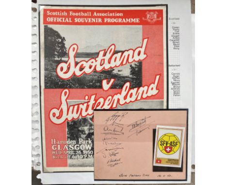 1950 Switzerland Football Team signed autograph album page. 11 autographs PLUS the original Match programme. Set on descripti