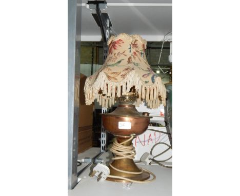 Pair of brass table lamps shaped as a column on stepped base, a pair of alabaster table lamps and a converted oil lamp in cop