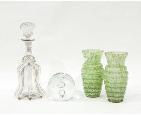 Pair of mottled green glass vases of ribbed form with flared rims, 18cm high, a mallet-shaped decanter, a cut glass vase, two