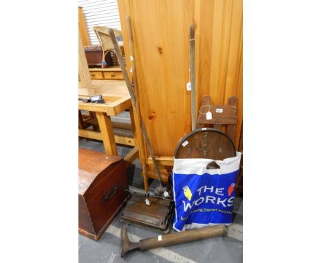 Vintage carpet sweeper, a boot last, bagatelle, small artist's easels and two other items (7) 