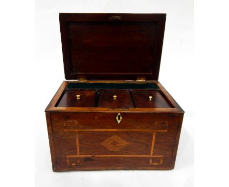 19th century mahogany tea caddy of rectangular form with geometric strung decoration, the hinged cover revealing three lead l