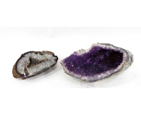 Amethyst geode, 31cm long, another crystal geode and a circular piece of agate with polished recesses (3) 
