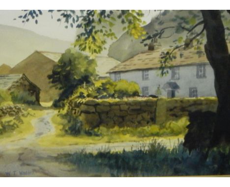 Watercolour  W T Waddell  Cottage in Borrowdale, label to verso, a framed print and a framed mirror (3) 