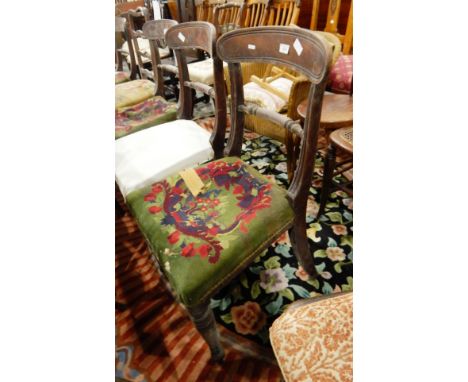 Set of four Victorian mahogany dining chairs with curved top rail and bobbin turned supports, centre rail on turned supports 