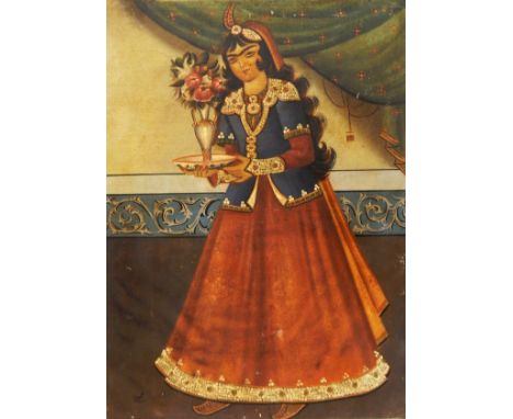 Qajar school (Persian late 19th/early 20th century) Oil on canvas Portrait of a girl bearing a vase of flowers, signed lower 
