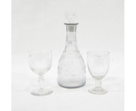 Georgian cut glass decanter with a band of engraved decoration and shallow triple-ring neck, a Georgian rummer and one other 
