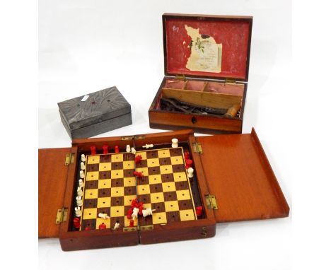 Mahogany jewellery box and contents including an Arts & Crafts copper caddy spoon by Hugh Wallis of hammered form with acorn 
