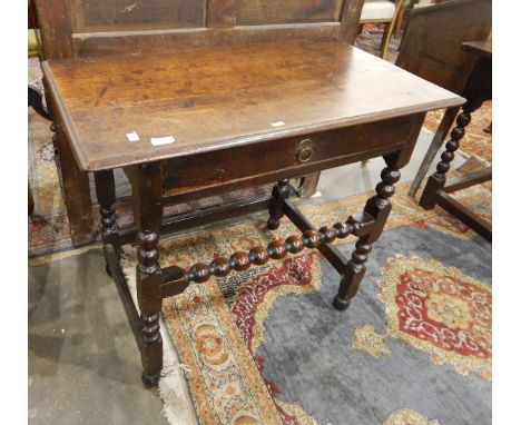 Antique oak side table with single frieze drawer, plain stretchers, on bobbin and block supports and similar stretcher, 86cm 