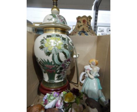 Oriental style table lamp, assorted ceramics, another smaller Oriental style table lamp, carved wooden cats, etc. (2 boxes) 