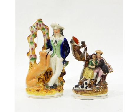 Staffordshire flatback spill vase of a highland couple seated beneath a tree and a figure approaching with a dagger, a Staffo