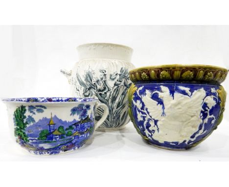 A majolica-style jardiniere, a chamber pot and a large cream two-handled ceramic urn with transfer irises and sunflowers, in 